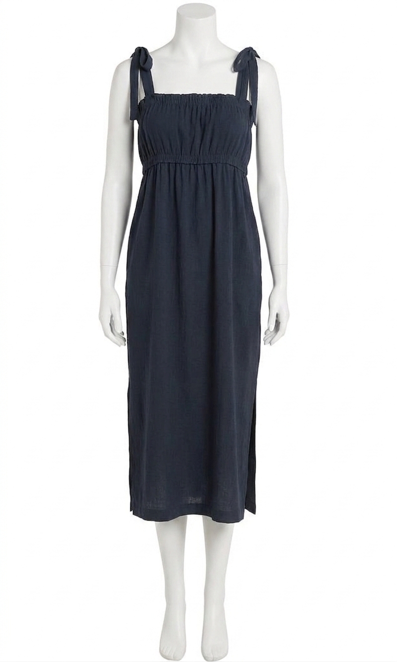 NEW BOBI women's tied strap midi dress in navy blue